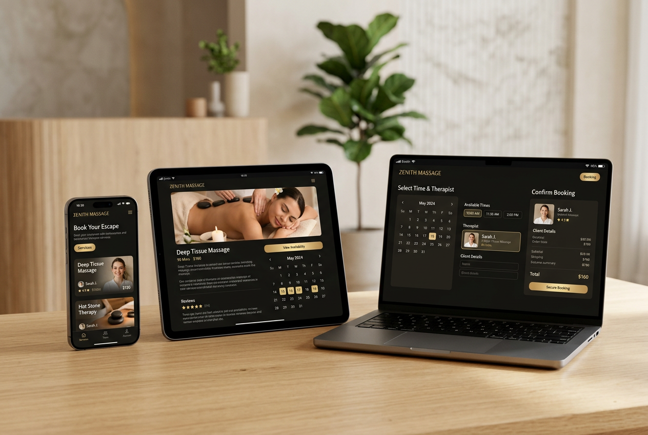 Massage booking website shown on iPhone, iPad and MacBook — online booking system for massage shops
