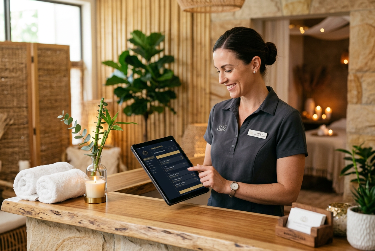 Therapist managing bookings on an iPad at the front desk